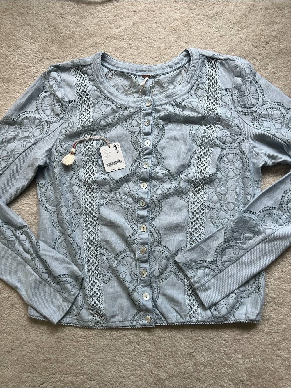 Free People Jae Lace-Panel Light Blue Pearl Button Cardigan Top Large NEW NWOT